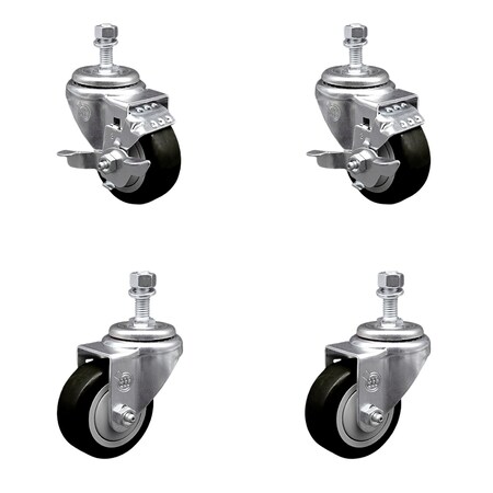 Service Caster 3.5 Inch Black Polyurethane Wheel Swivel 1/2 Inch Threaded Stem Caster Brake, 2PK TS20S3514-PPUB-BLK-TLB-121315-2-S-2